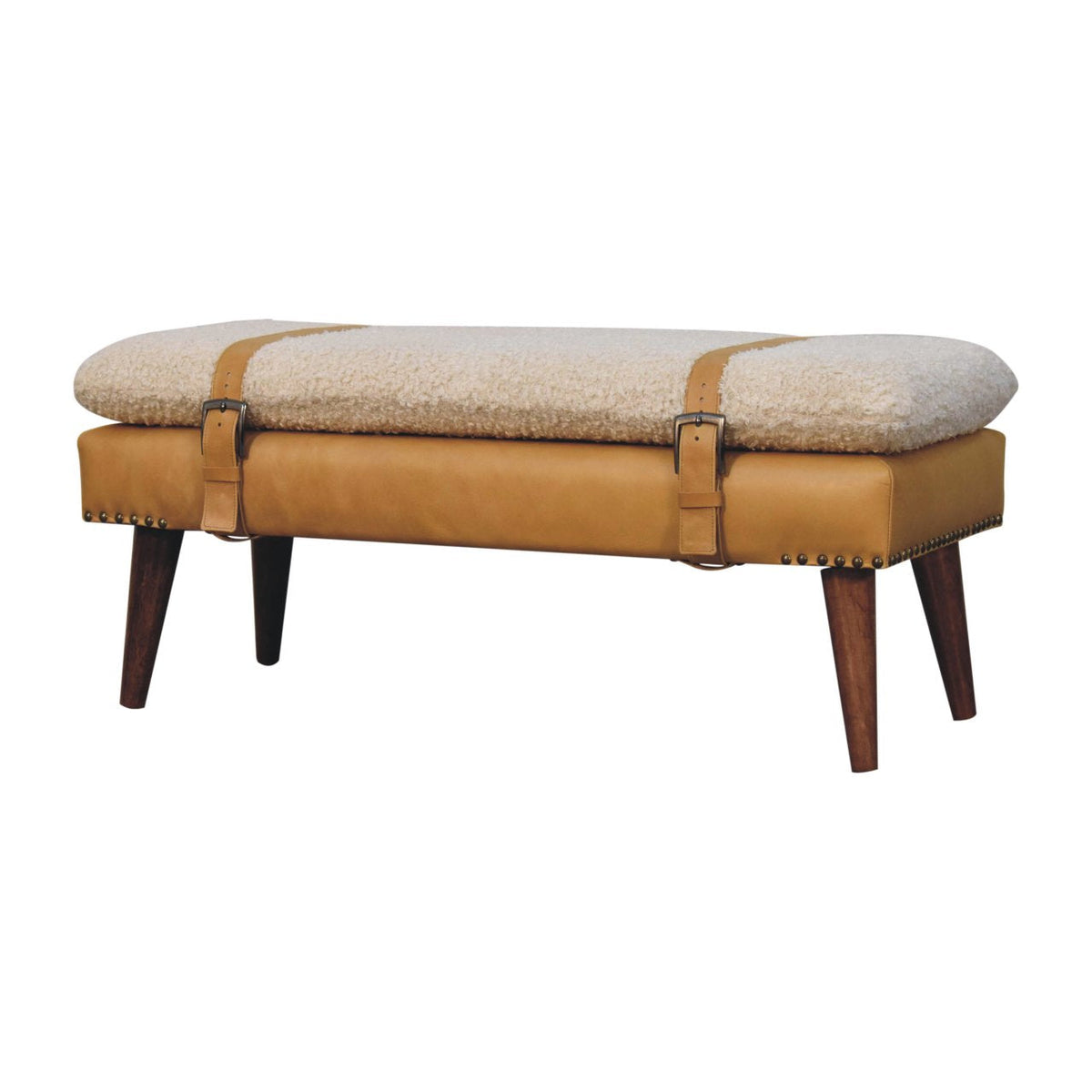 Bouclé & Tan Leather Bench – Chestnut Finish