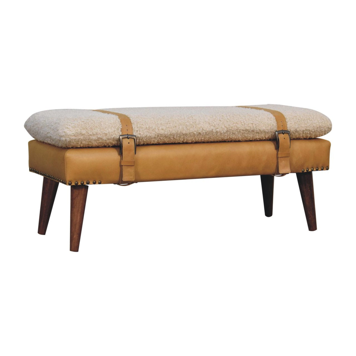 Bouclé & Tan Leather Bench – Chestnut Finish