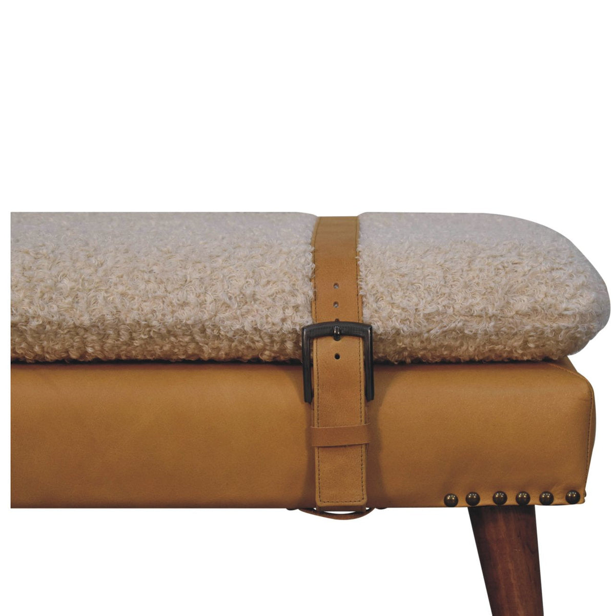 Bouclé & Tan Leather Bench – Chestnut Finish