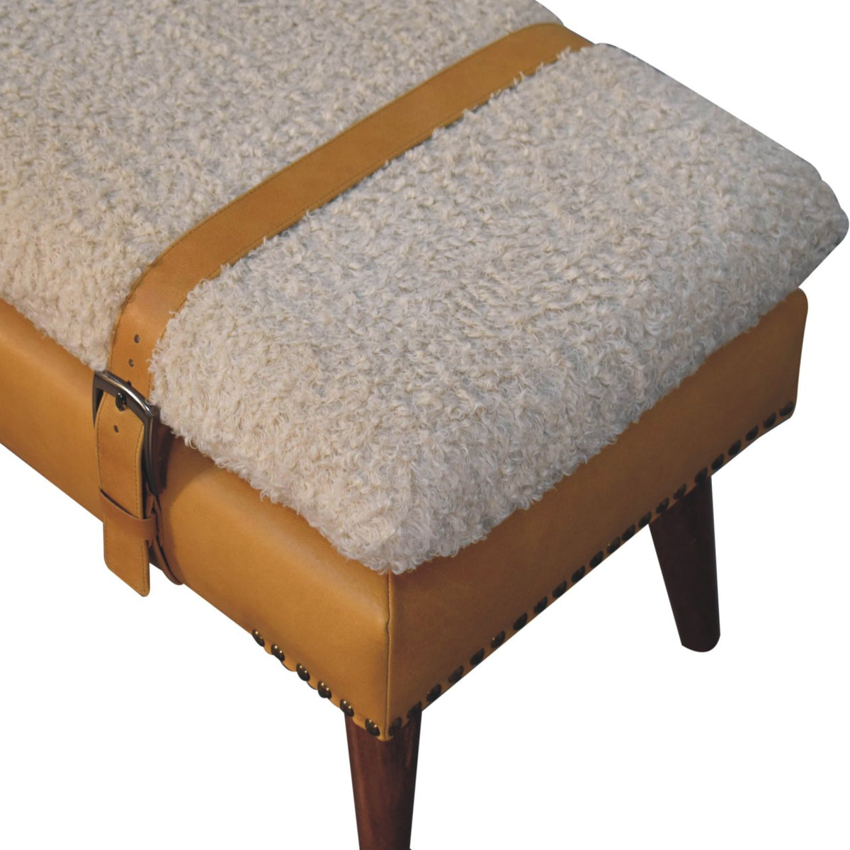 Bouclé & Tan Leather Bench – Chestnut Finish