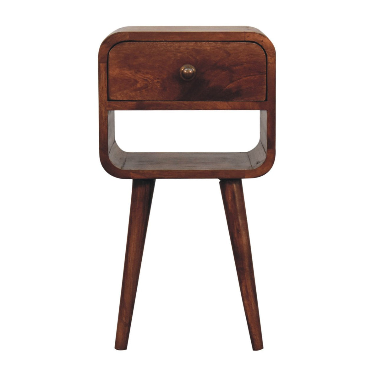 Mini Curved Solid Mango Wood Bedside Table with Lower Slot – Honey Caramel Finish