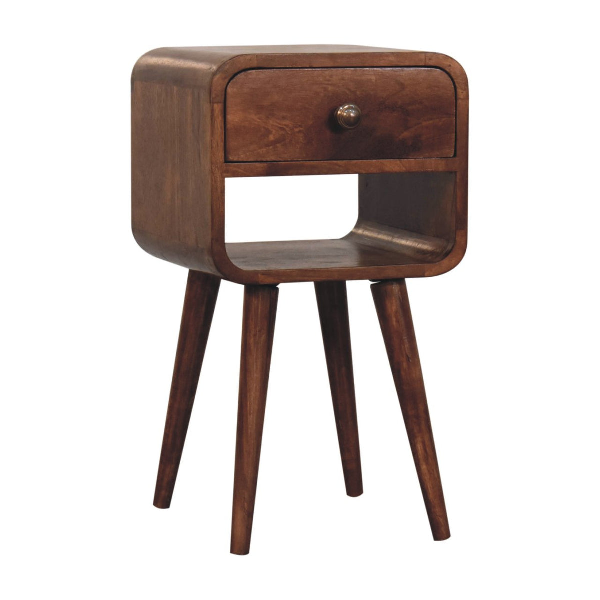 Mini Curved Solid Mango Wood Bedside Table with Lower Slot – Honey Caramel Finish