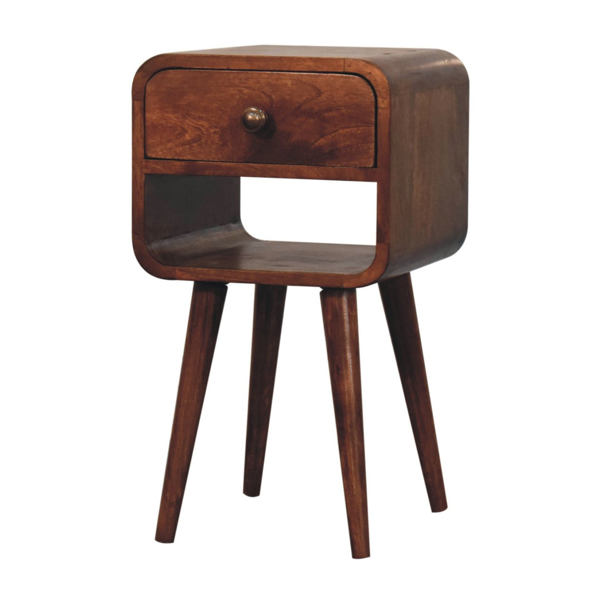 Mini Curved Solid Mango Wood Bedside Table with Lower Slot – Honey Caramel Finish
