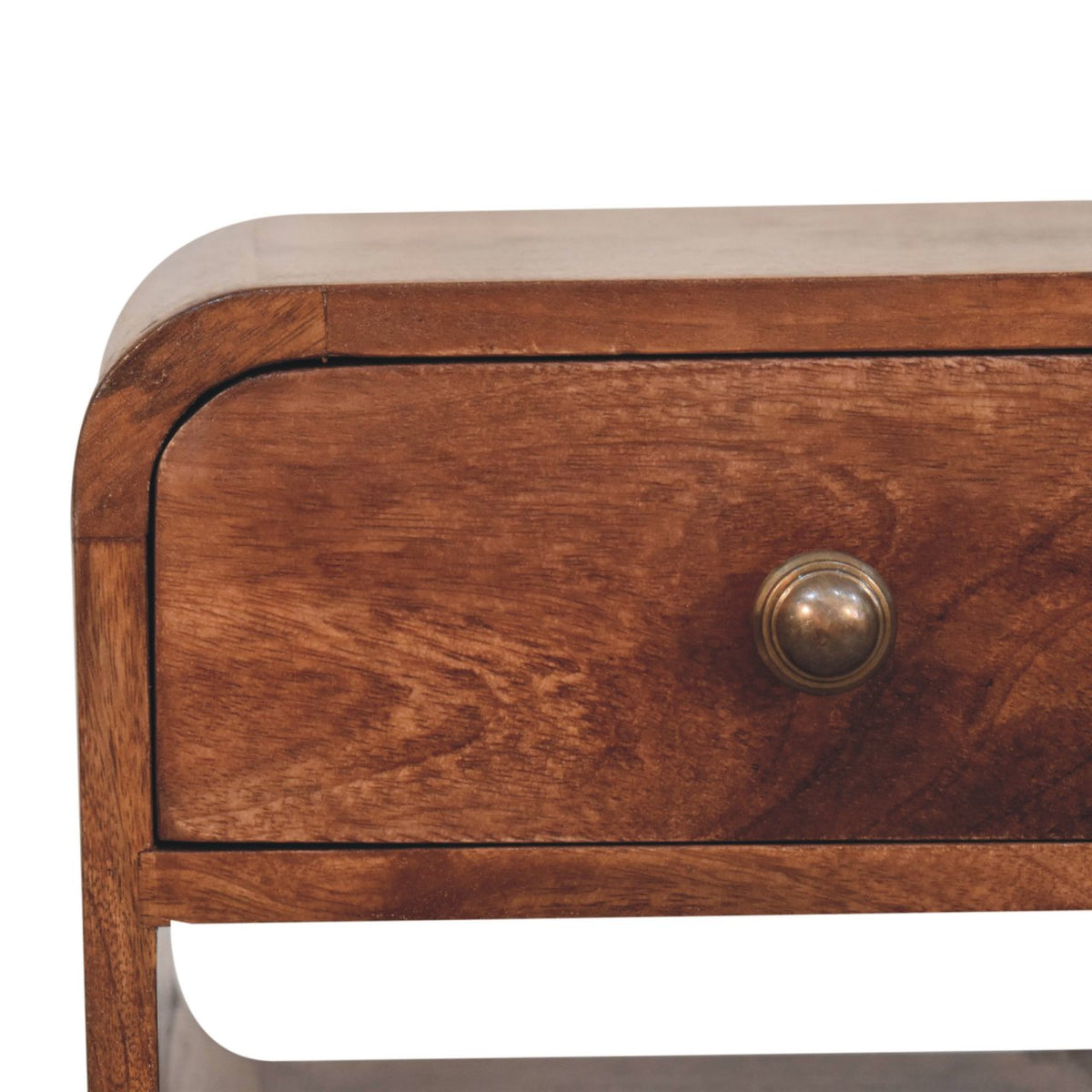 Mini Curved Solid Mango Wood Bedside Table with Lower Slot – Honey Caramel Finish