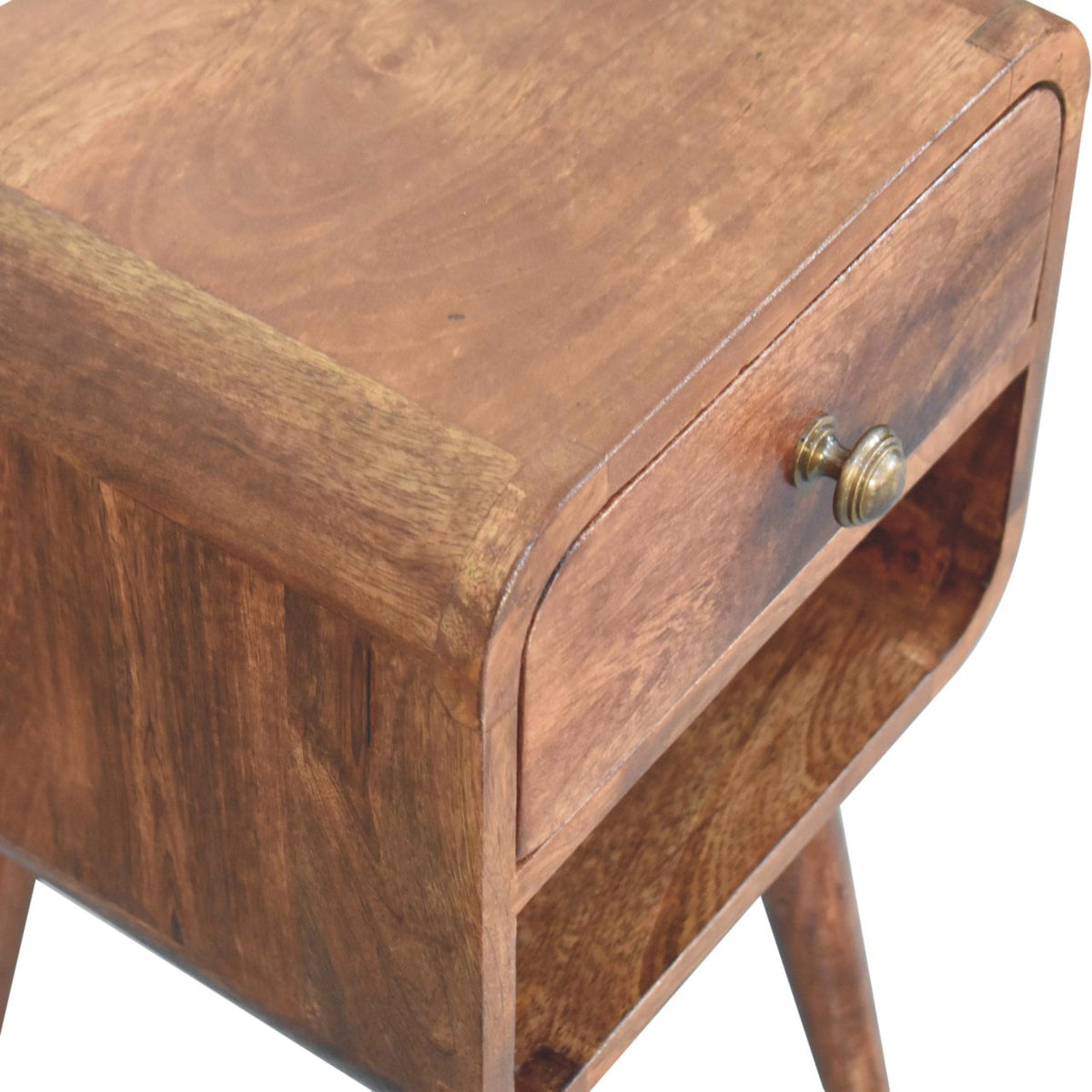 Mini Curved Solid Mango Wood Bedside Table with Lower Slot – Honey Caramel Finish