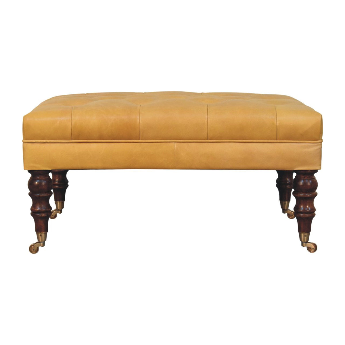 Buffalo Tan Leather Ottoman with Castor Legs – Honey Caramel Finish