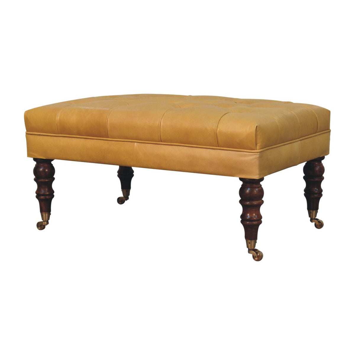 Buffalo Tan Leather Ottoman with Castor Legs – Honey Caramel Finish