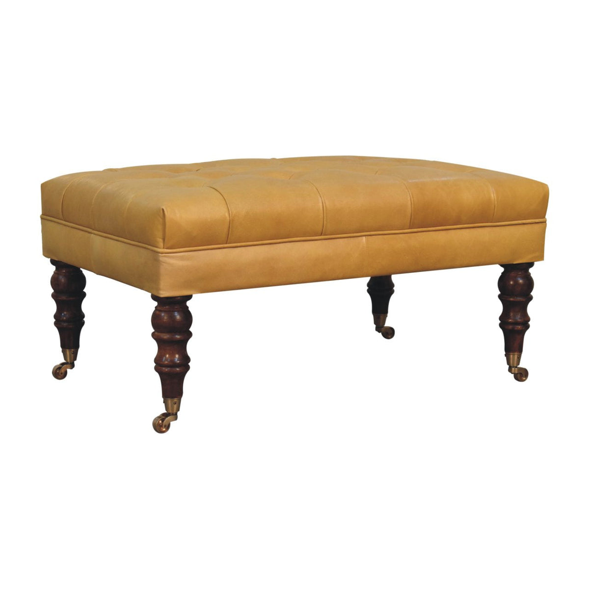 Buffalo Tan Leather Ottoman with Castor Legs – Honey Caramel Finish