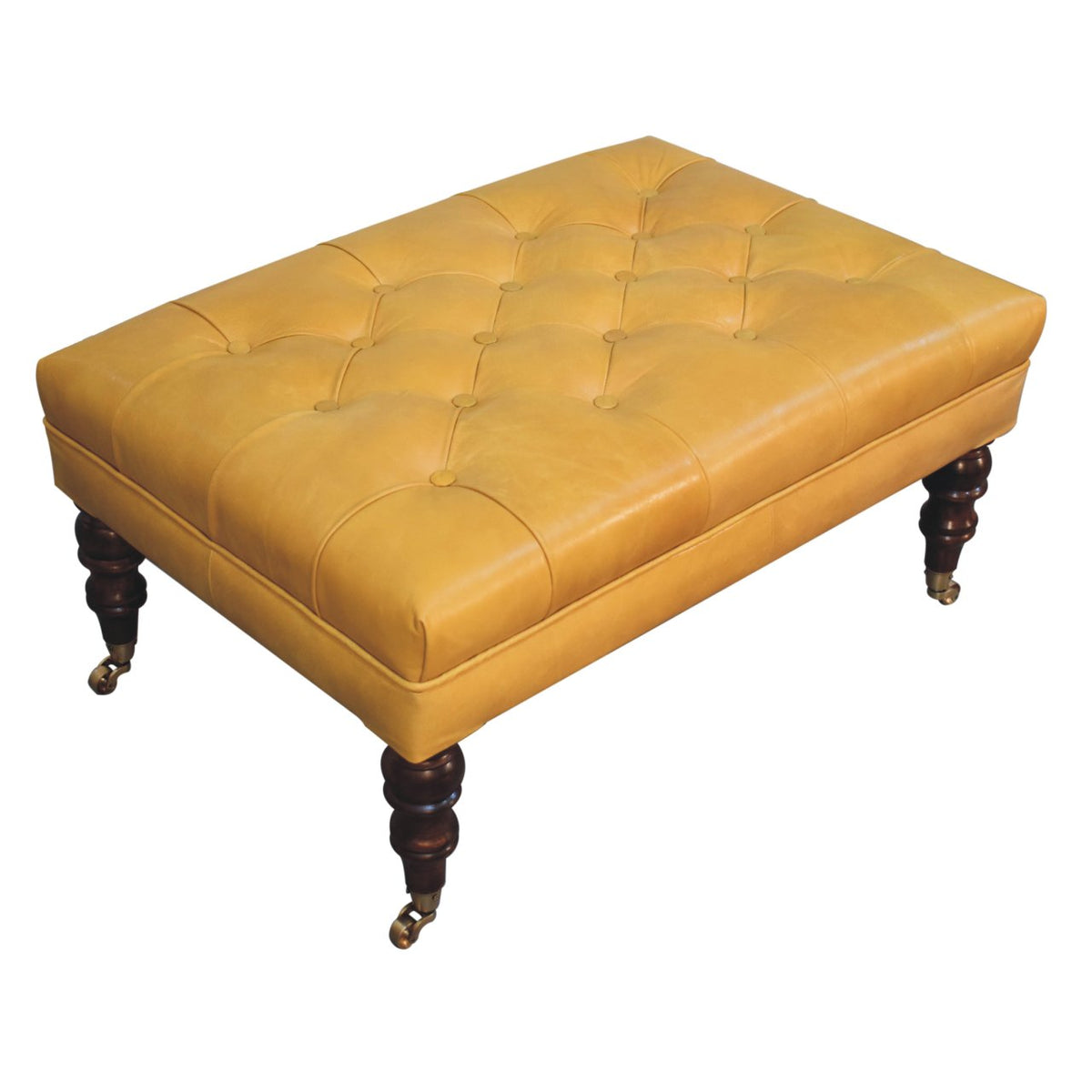 Buffalo Tan Leather Ottoman with Castor Legs – Honey Caramel Finish
