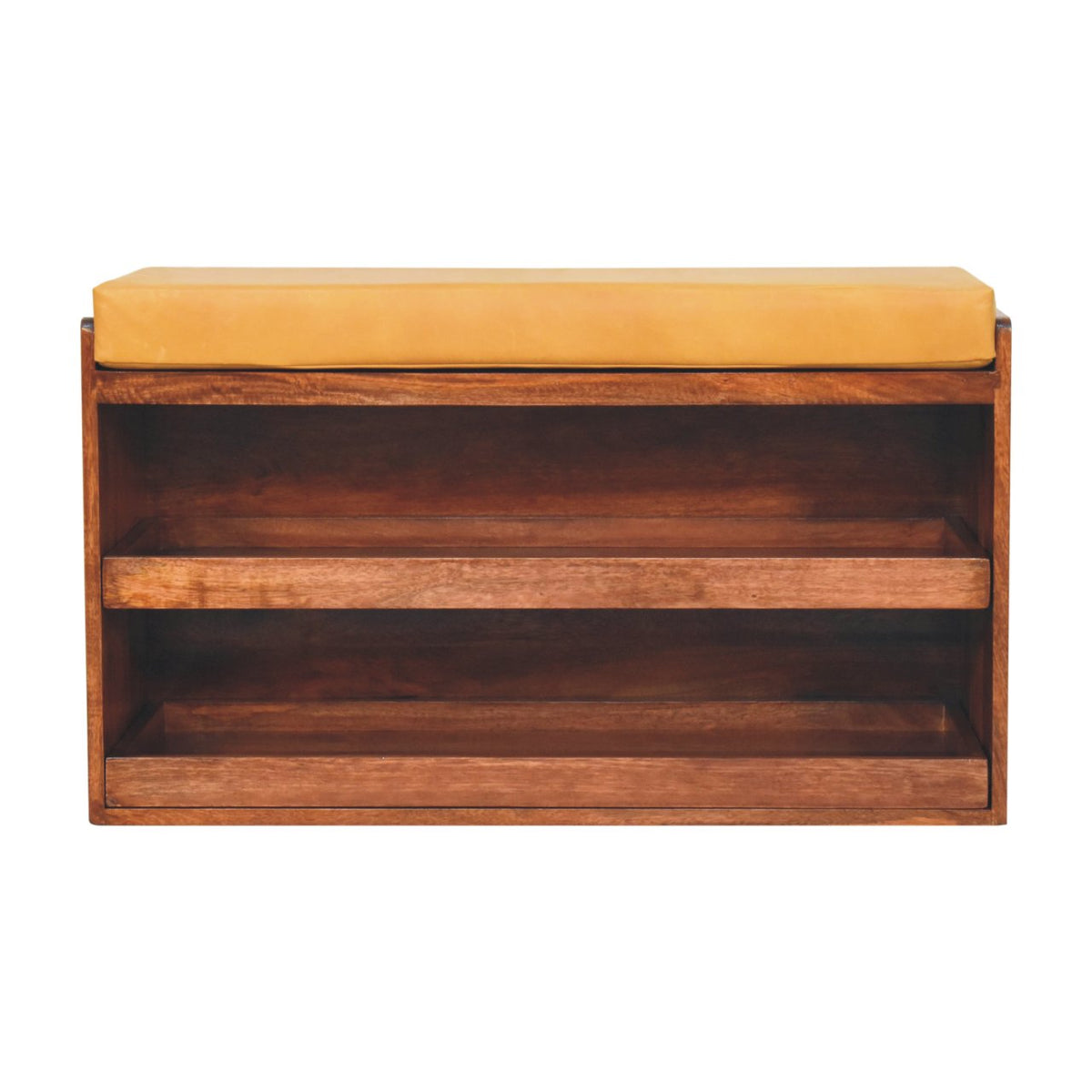 Buffalo Hide Pull Out Shoe Storage Leather Bench – Honey Caramel Finish