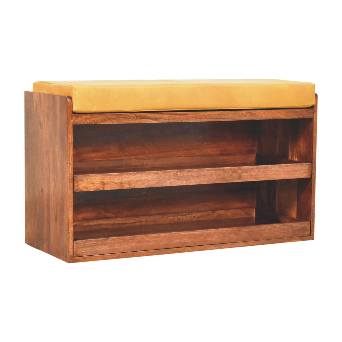 Buffalo Hide Pull Out Shoe Storage Leather Bench – Honey Caramel Finish