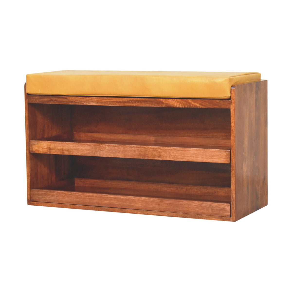 Buffalo Hide Pull Out Shoe Storage Leather Bench – Honey Caramel Finish