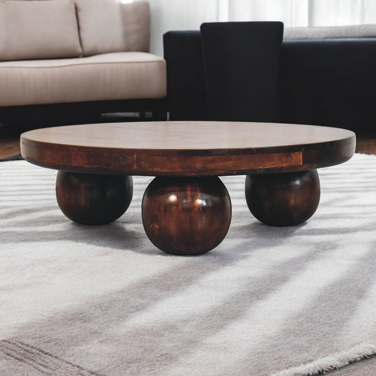Solid Mango Wood Coffee Table – California Walnut Finish, Square Low Profile with Ball Feet