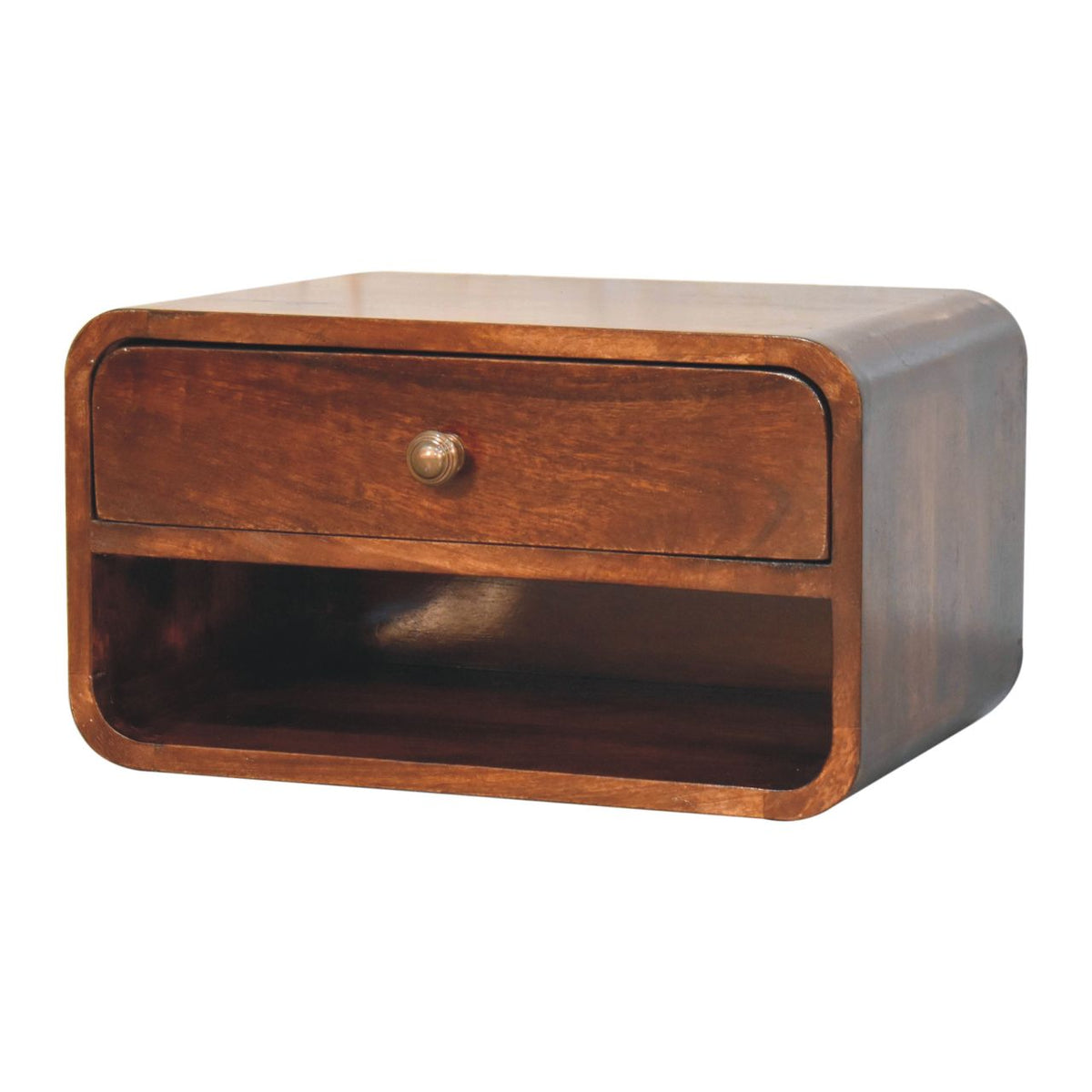 Curved Wall-Mounted Solid Mango Wood Bedside Table with Open Slot – California Walnut Finish