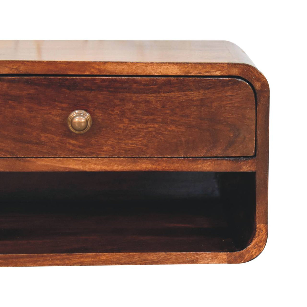 Curved Wall-Mounted Solid Mango Wood Bedside Table with Open Slot – California Walnut Finish
