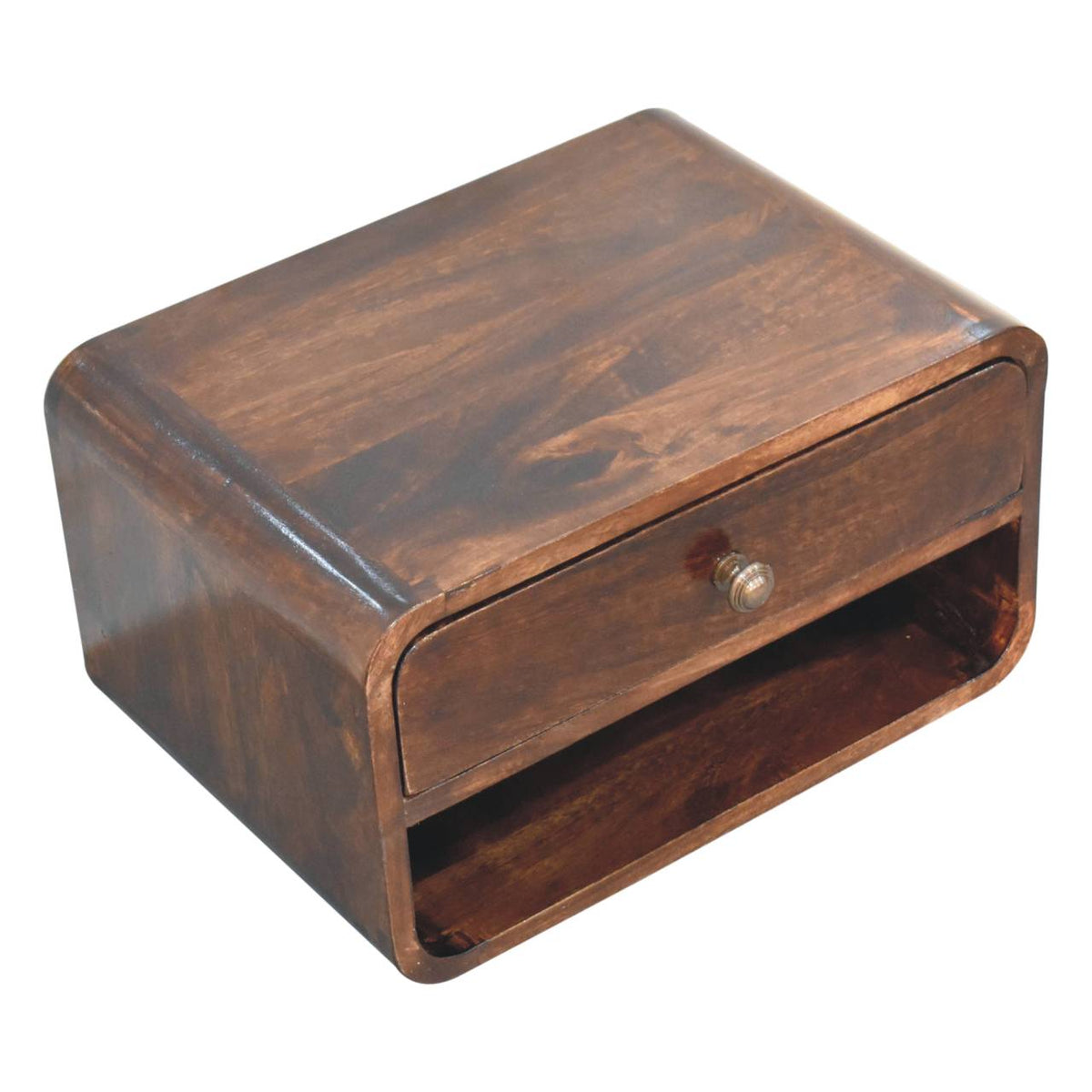 Curved Wall-Mounted Solid Mango Wood Bedside Table with Open Slot – California Walnut Finish