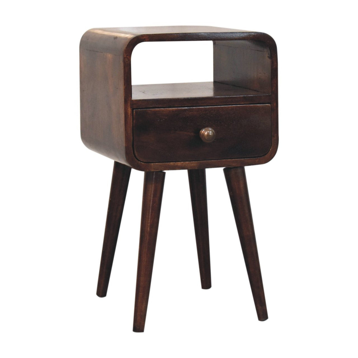 Mini Curved Solid Mango Wood Nightstand – California Walnut Finish, Drawer & Open Shelf
