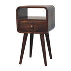 Mini Curved Solid Mango Wood Nightstand – California Walnut Finish, Drawer & Open Shelf