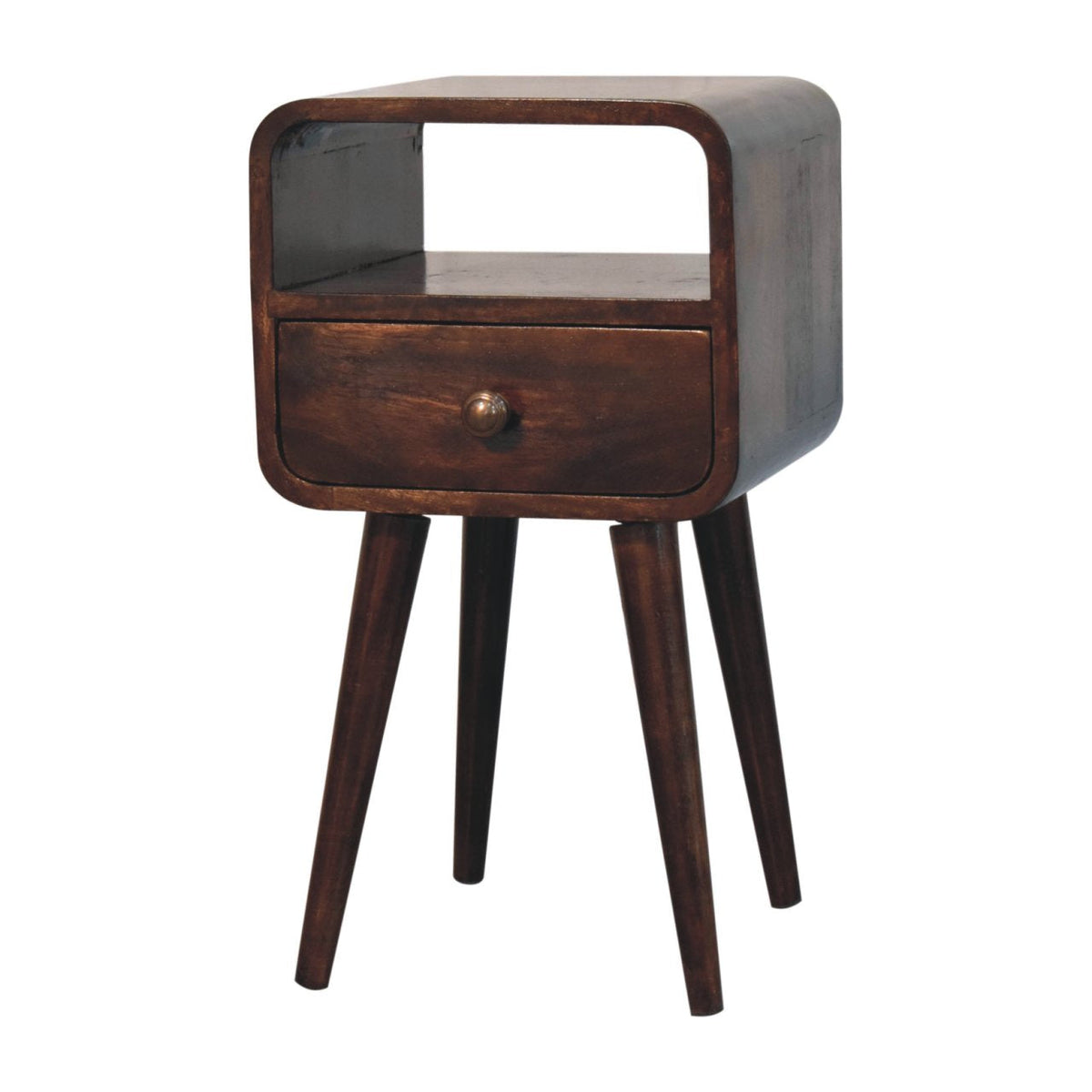 Mini Curved Solid Mango Wood Nightstand – California Walnut Finish, Drawer & Open Shelf