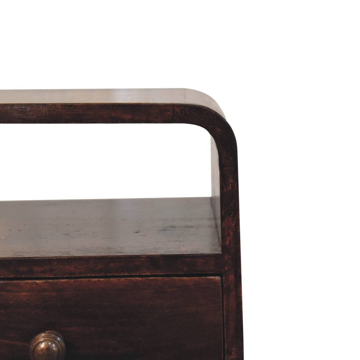 Mini Curved Solid Mango Wood Nightstand – California Walnut Finish, Drawer & Open Shelf