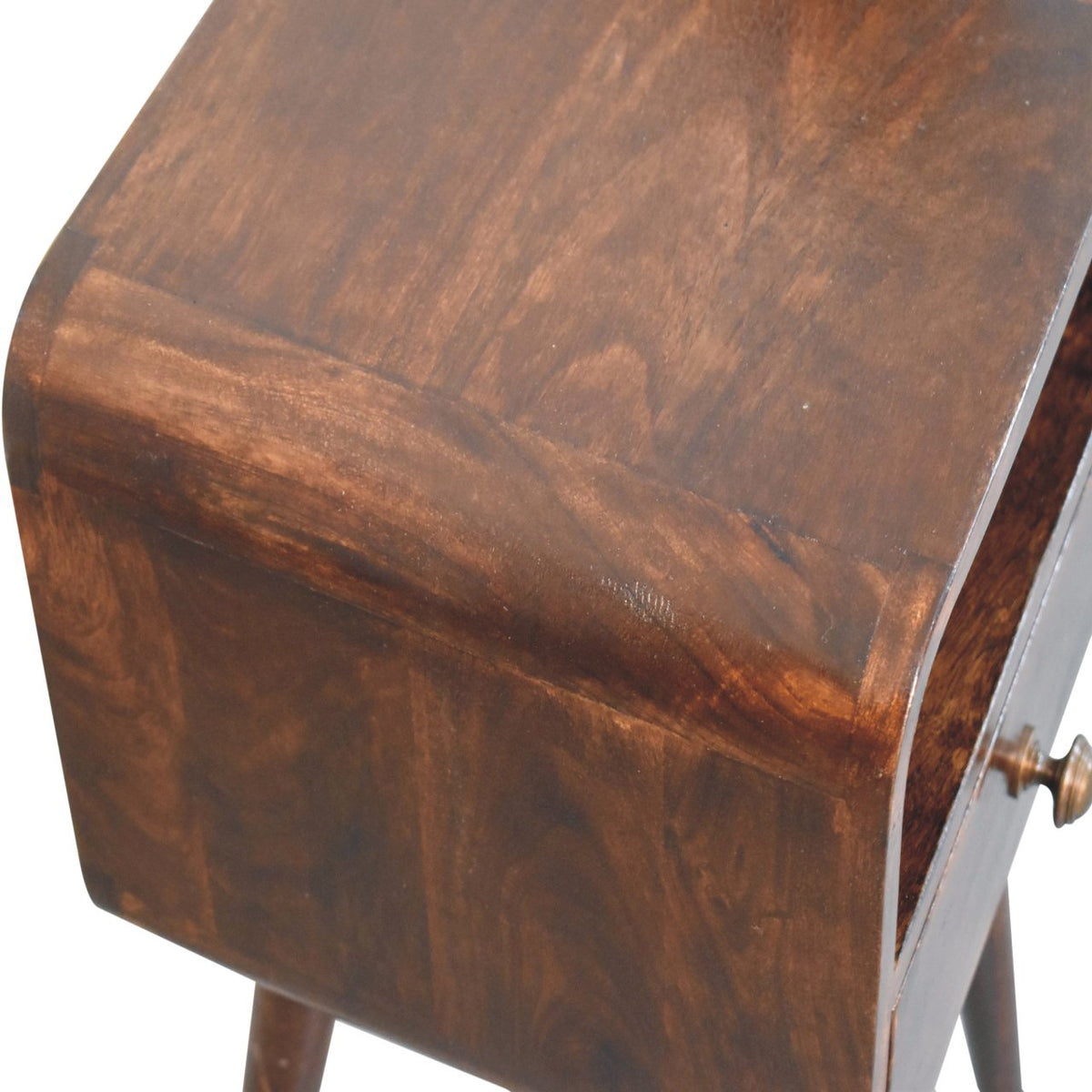 Mini Curved Solid Mango Wood Nightstand – California Walnut Finish, Drawer & Open Shelf