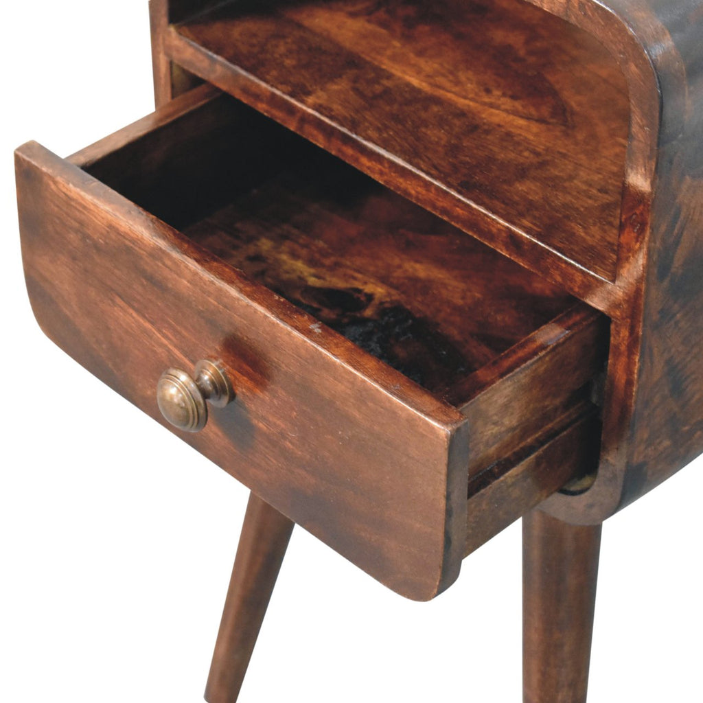 Mini Curved Solid Mango Wood Nightstand – California Walnut Finish, Drawer & Open Shelf