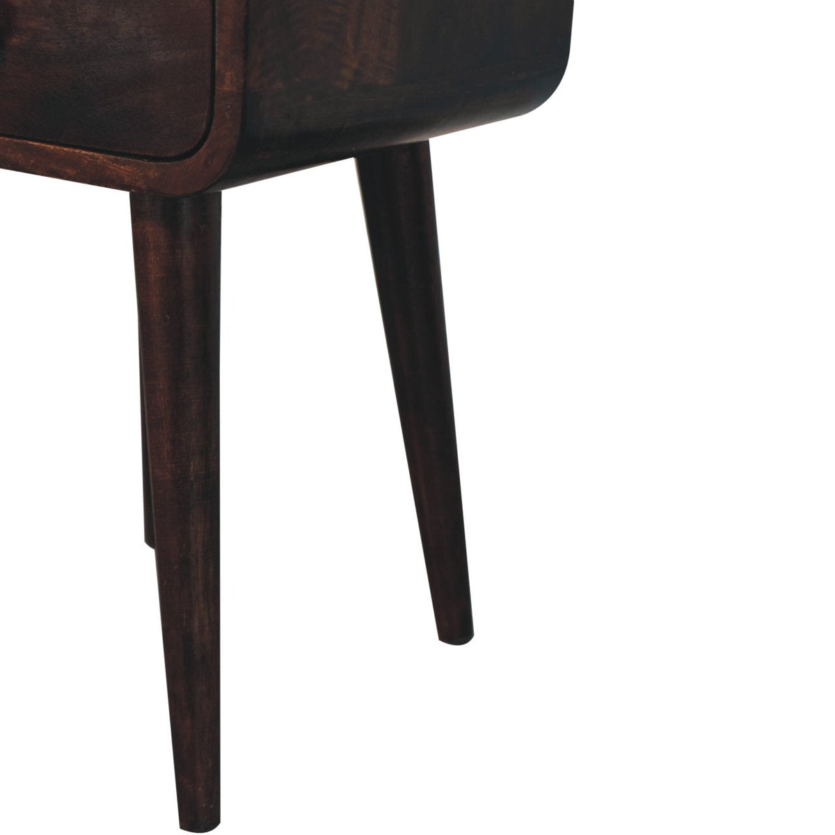 Mini Curved Solid Mango Wood Nightstand – California Walnut Finish, Drawer & Open Shelf