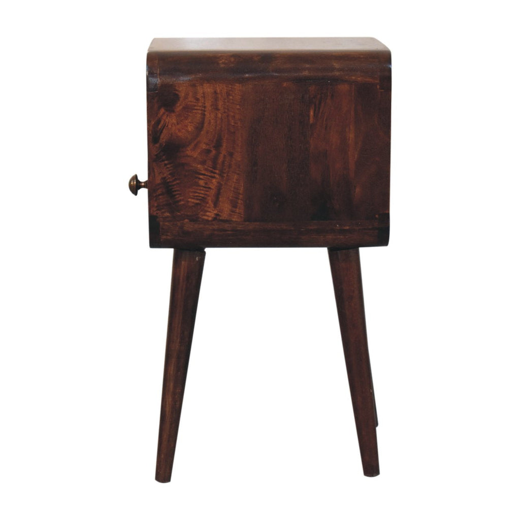 Mini Curved Solid Mango Wood Nightstand – California Walnut Finish, Drawer & Open Shelf