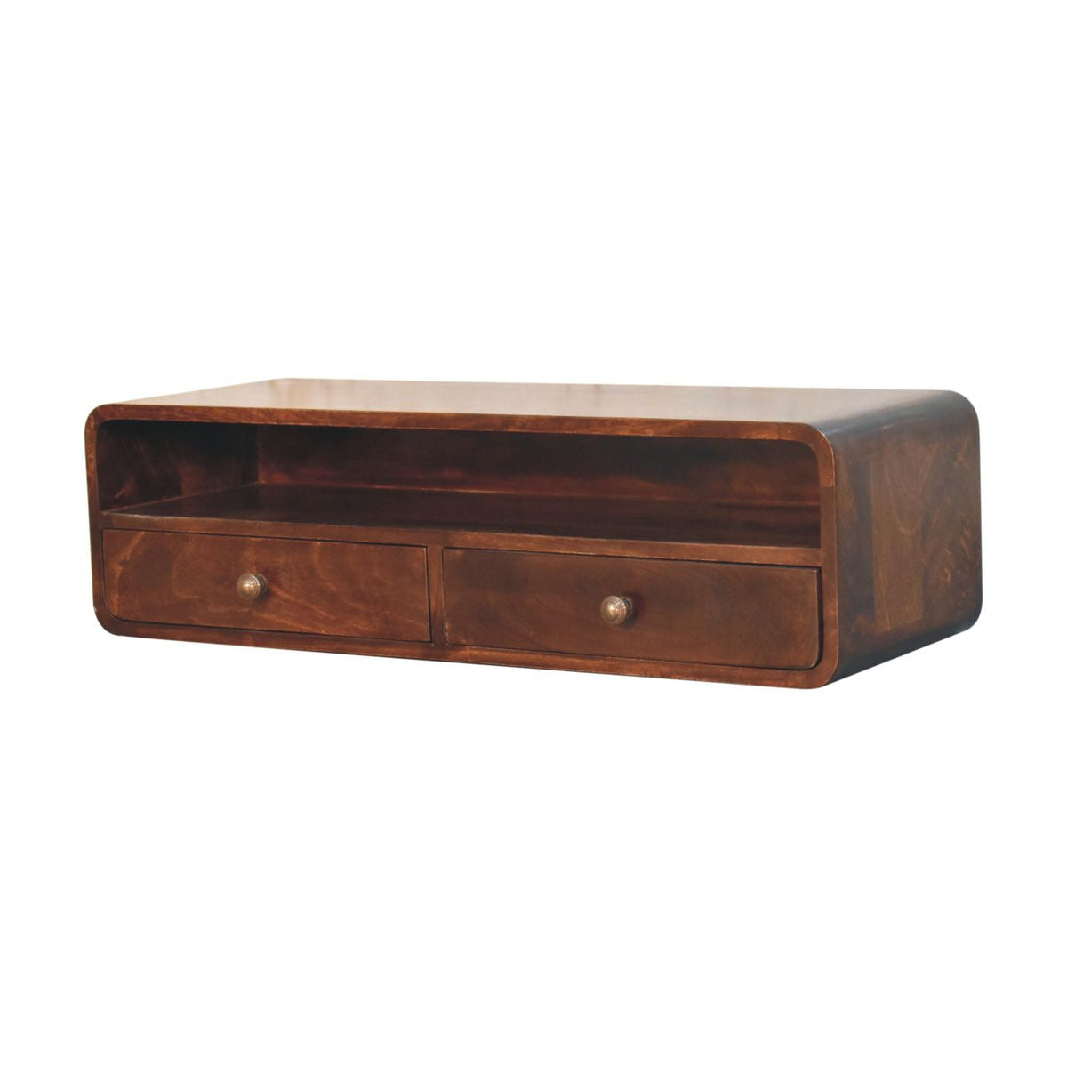 Solid Mango Wood Floating Console – California Walnut Finish, 2 Drawers and Open Shelf