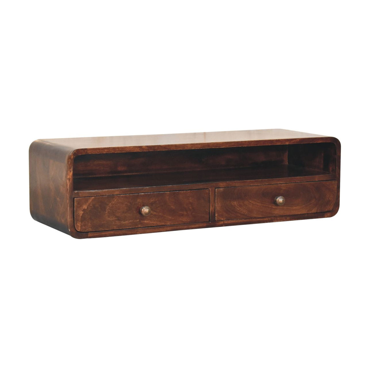 Solid Mango Wood Floating Console – California Walnut Finish, 2 Drawers and Open Shelf