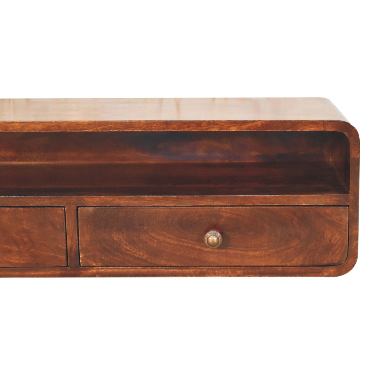 Solid Mango Wood Floating Console – California Walnut Finish, 2 Drawers and Open Shelf