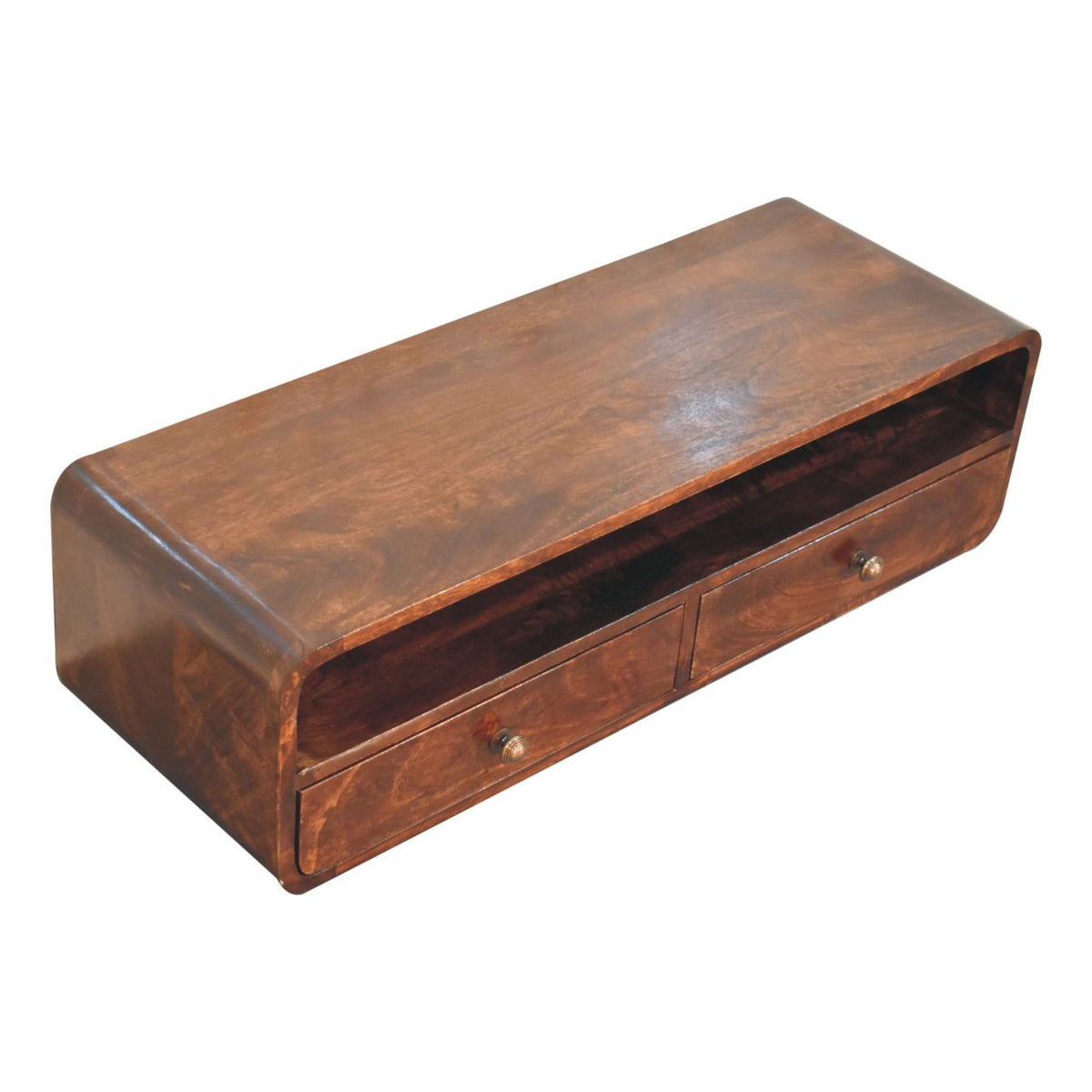 Solid Mango Wood Floating Console – California Walnut Finish, 2 Drawers and Open Shelf