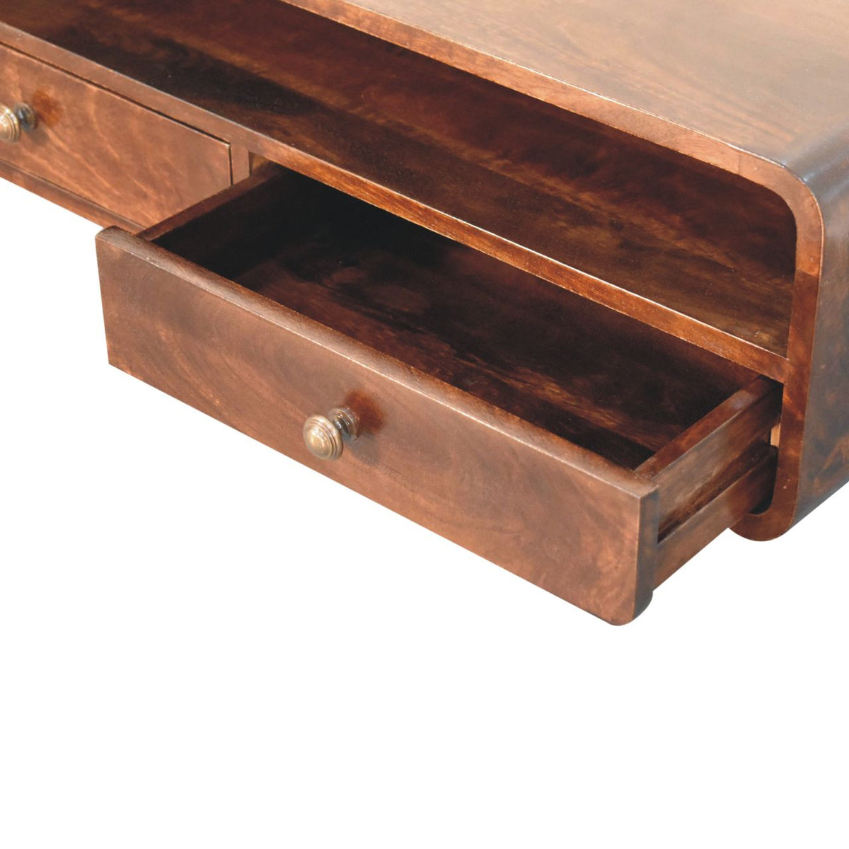 Solid Mango Wood Floating Console – California Walnut Finish, 2 Drawers and Open Shelf