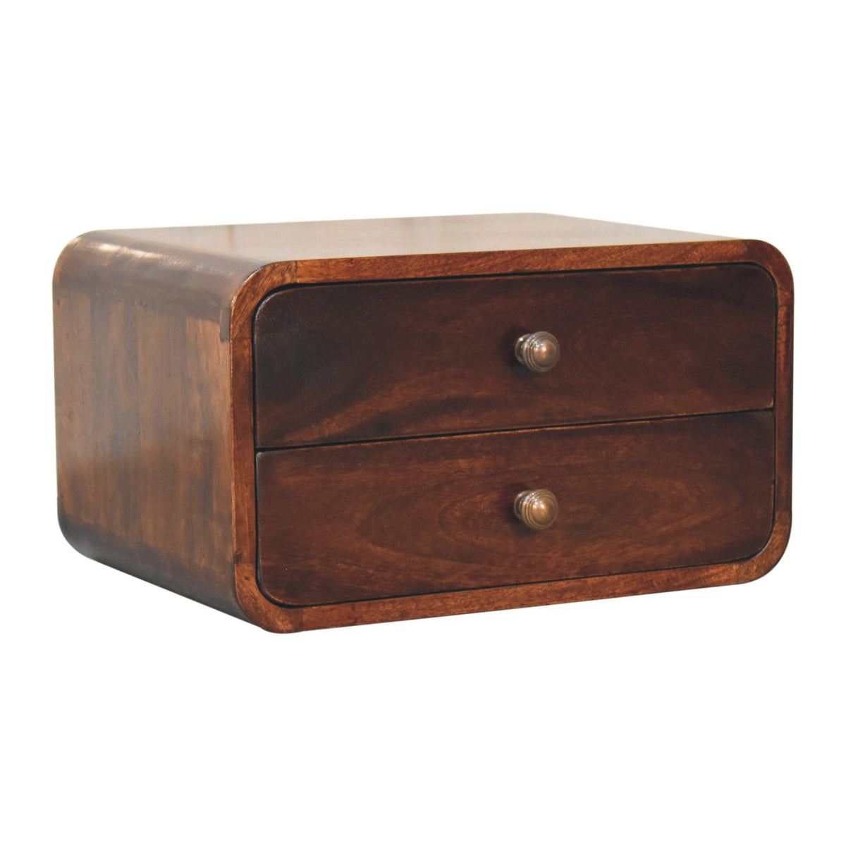 Solid Mango Wood Floating Nightstand – California Walnut Finish, Curved 2-Drawer Design