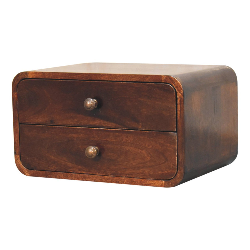 Solid Mango Wood Floating Nightstand – California Walnut Finish, Curved 2-Drawer Design