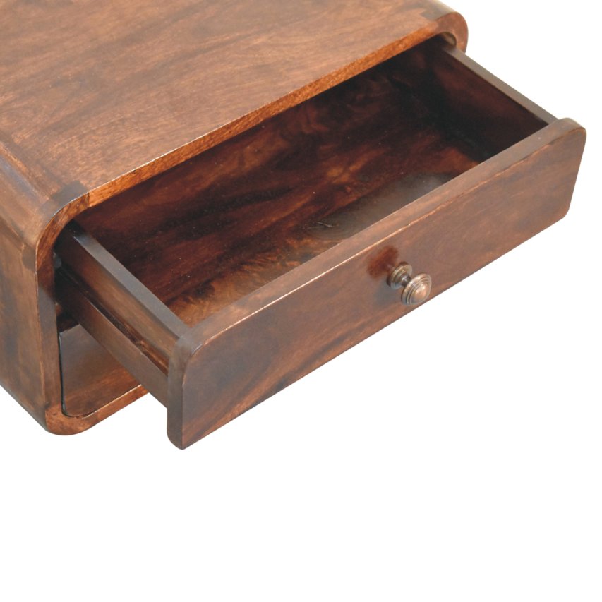 Solid Mango Wood Floating Nightstand – California Walnut Finish, Curved 2-Drawer Design