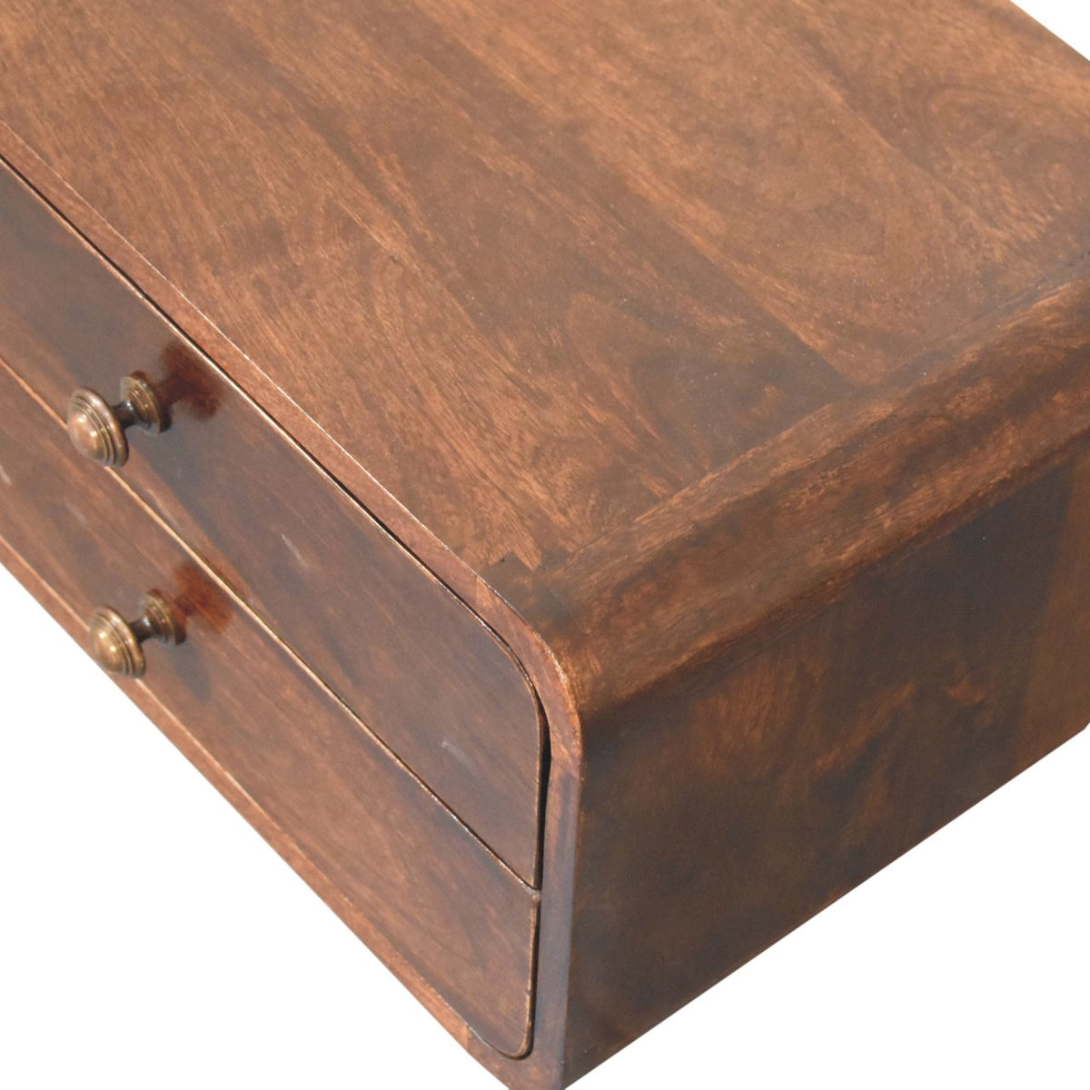 Solid Mango Wood Floating Nightstand – California Walnut Finish, Curved 2-Drawer Design
