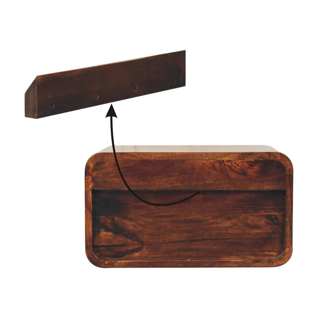 Solid Mango Wood Floating Nightstand – California Walnut Finish, Curved 2-Drawer Design