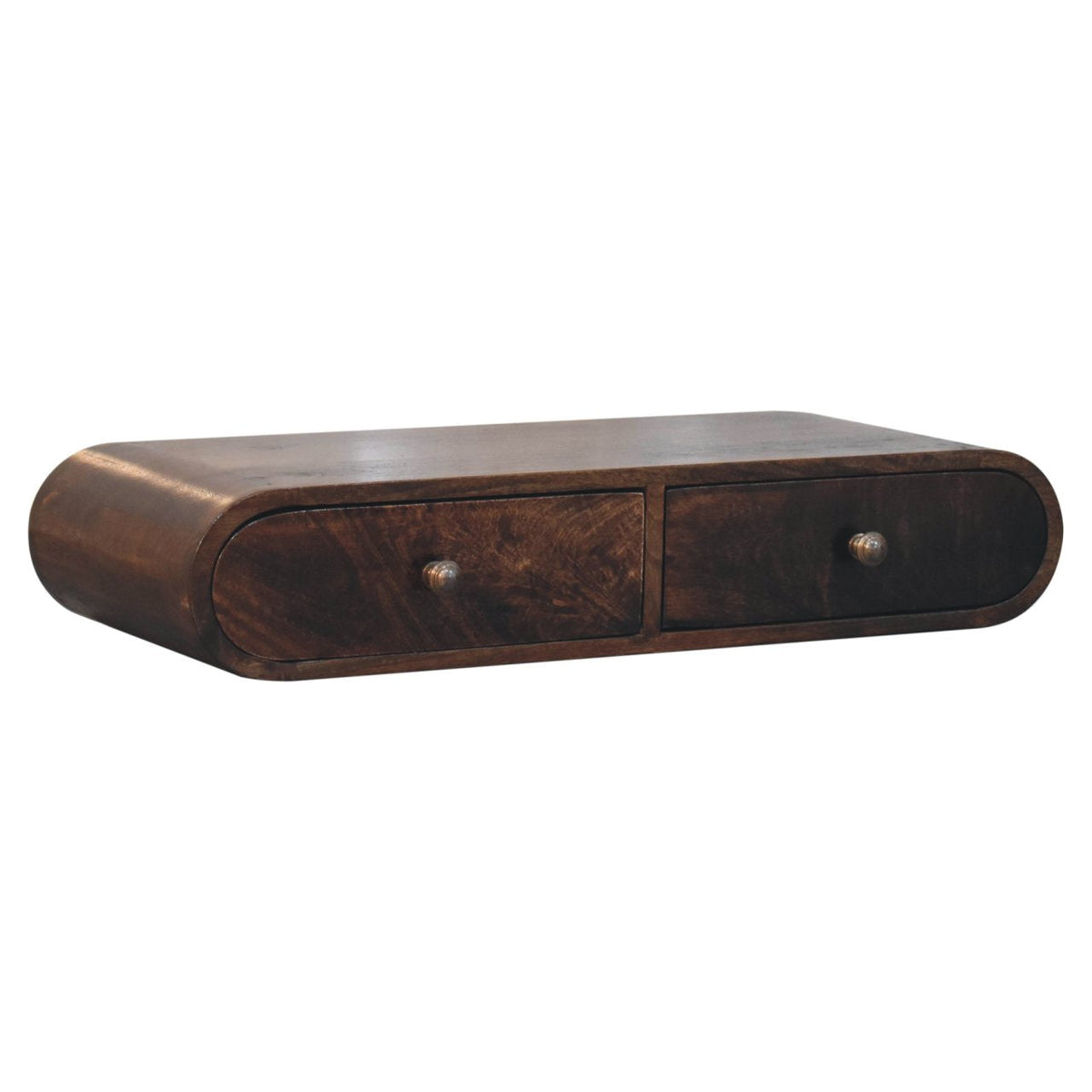 Solid Mango Wood Floating Console Table – California Walnut Finish, Curved 2-Drawer Design