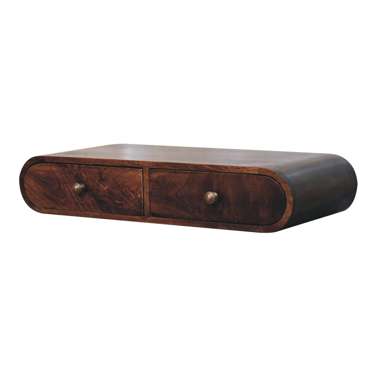 Solid Mango Wood Floating Console Table – California Walnut Finish, Curved 2-Drawer Design