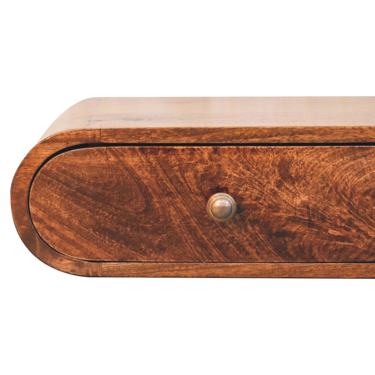 Solid Mango Wood Floating Console Table – California Walnut Finish, Curved 2-Drawer Design