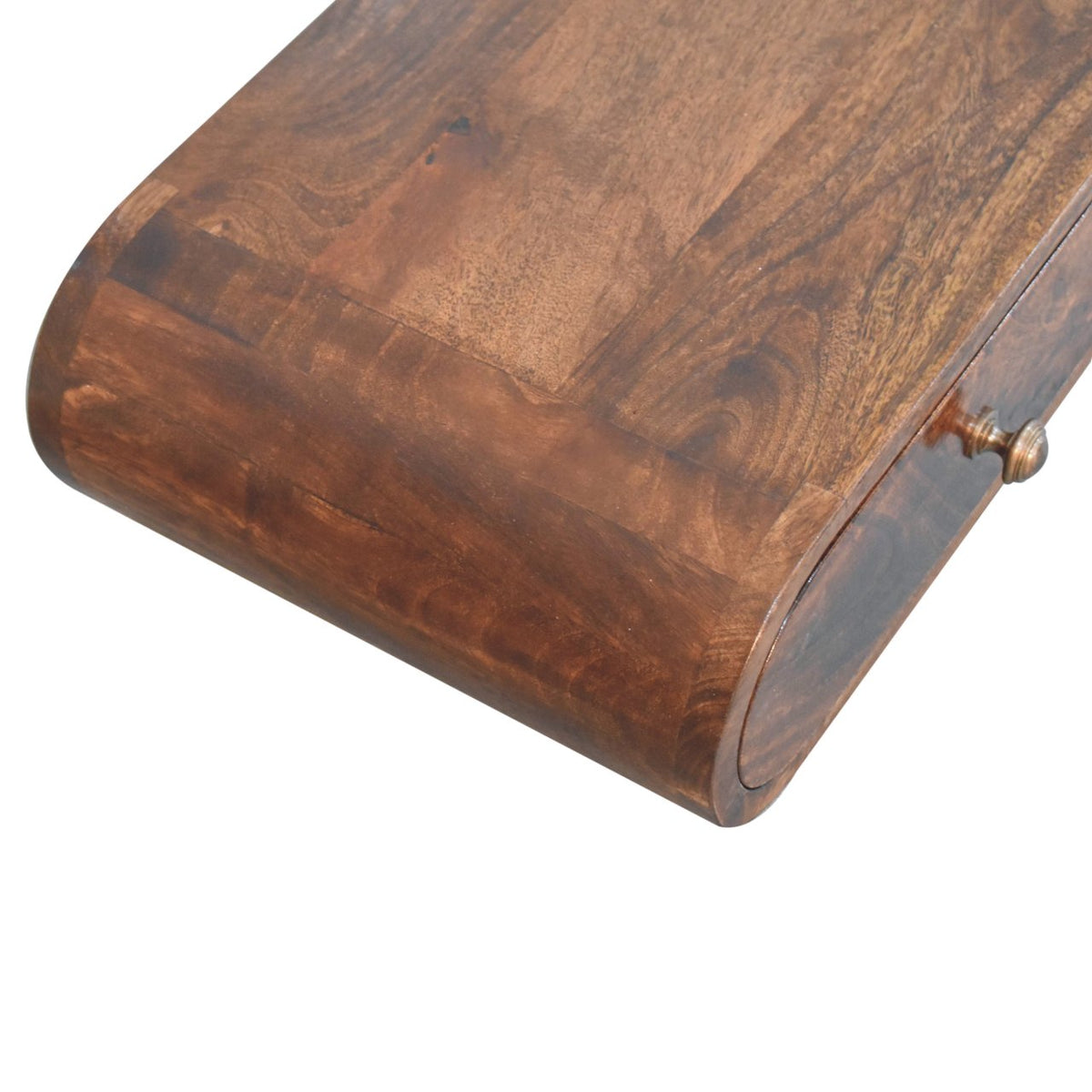 Solid Mango Wood Floating Console Table – California Walnut Finish, Curved 2-Drawer Design