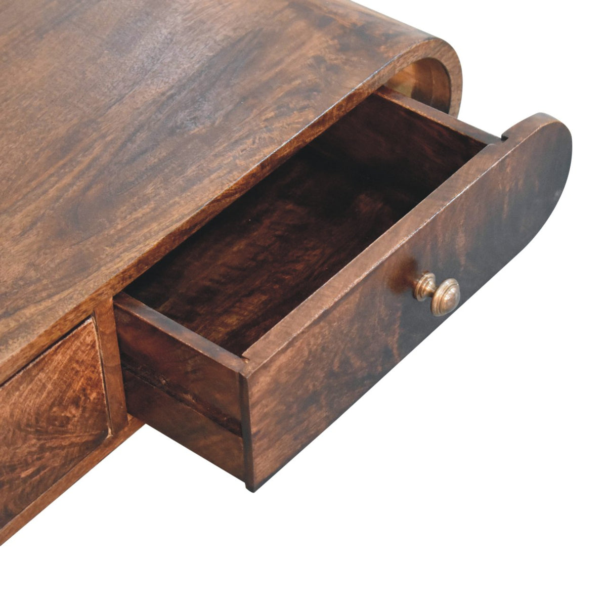 Solid Mango Wood Floating Console Table – California Walnut Finish, Curved 2-Drawer Design