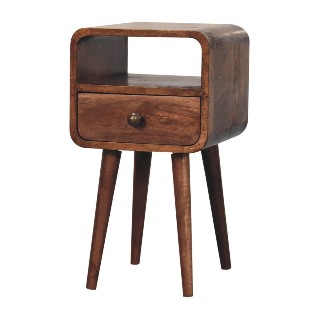 Mini Solid Mango Wood Nightstand – Honey Caramel Finish, Drawer & Open Shelf
