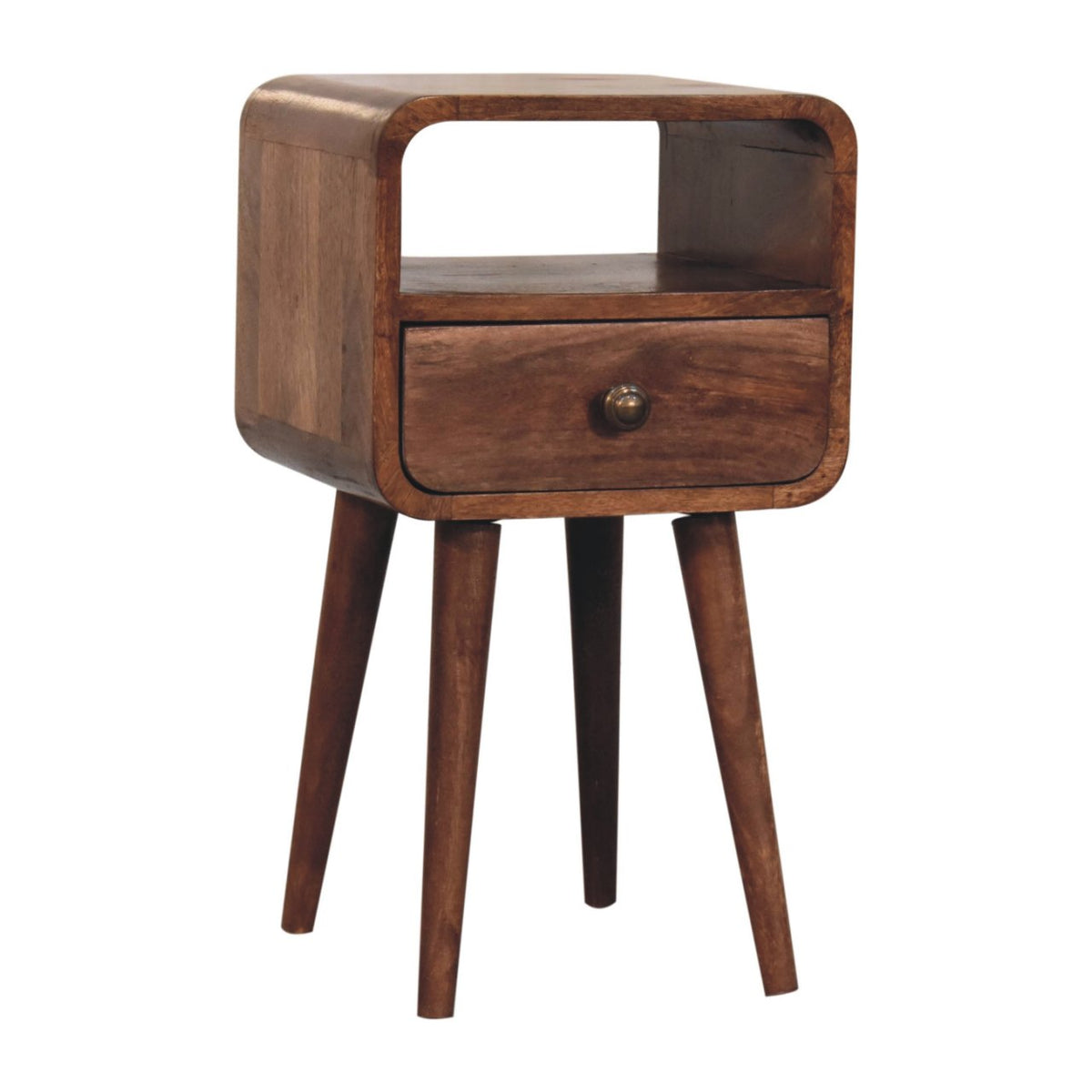 Mini Solid Mango Wood Nightstand – Honey Caramel Finish, Drawer & Open Shelf
