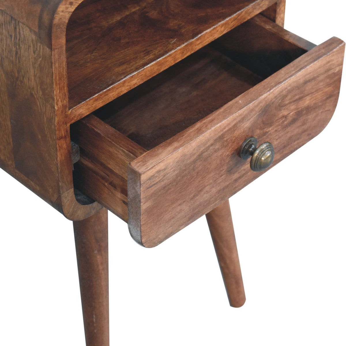 Mini Solid Mango Wood Nightstand – Honey Caramel Finish, Drawer & Open Shelf