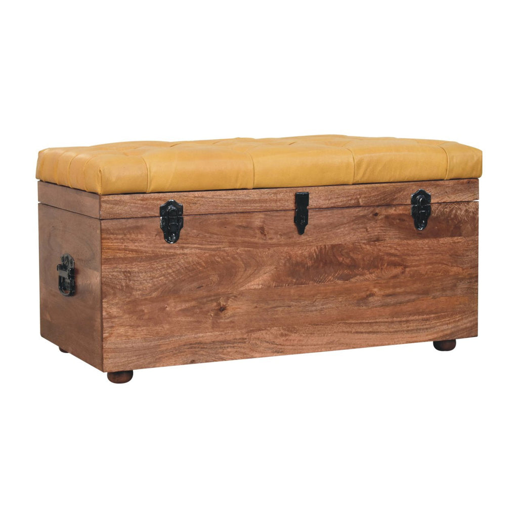 Brown Buffalo Leather & Solid Mango Wood Storage Trunk – Honey Caramel Finish