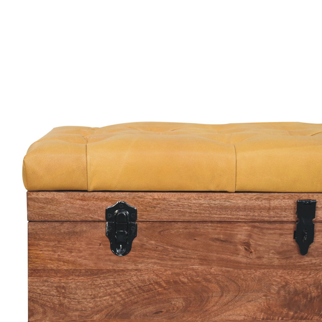 Brown Buffalo Leather & Solid Mango Wood Storage Trunk – Honey Caramel Finish