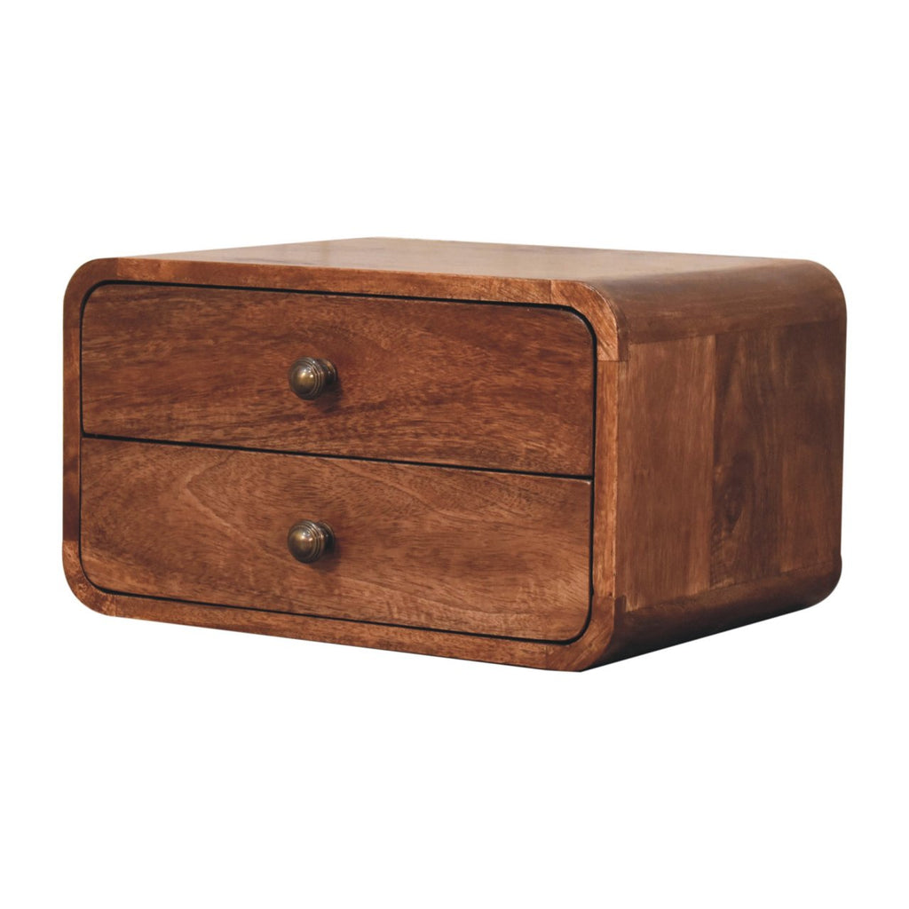 2-Drawer Floating Solid Mango Wood Bedside Table – Honey Caramel Finish