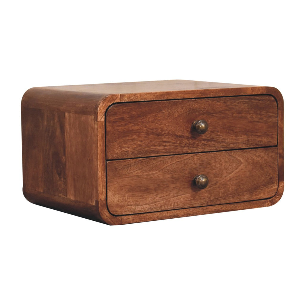 2-Drawer Floating Solid Mango Wood Bedside Table – Honey Caramel Finish